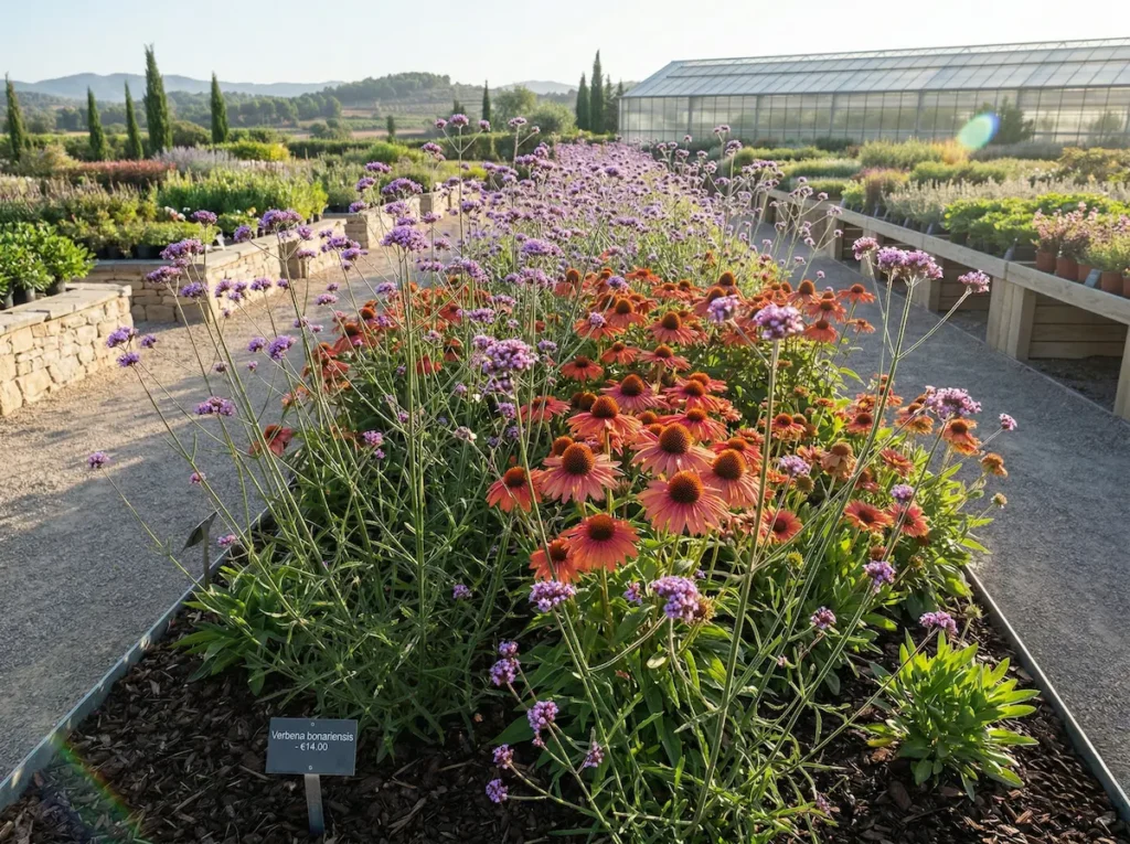Verbena bonariensis combinada con flores coral en un macizo de jardín de alta gama.