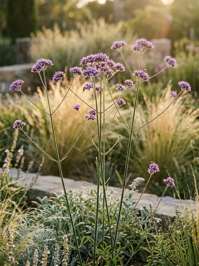 Tallos altos de Verbena bonariensis con flores púrpuras en una bordura de diseño naturalista.