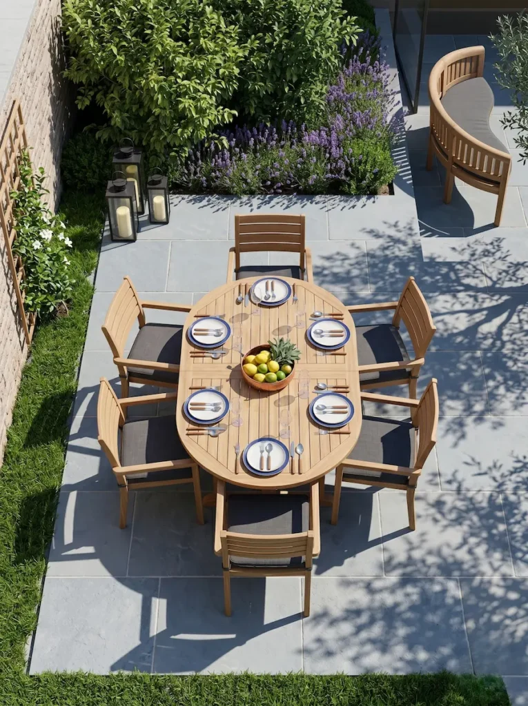 vista cenital jardín de mesa comedor en teca 