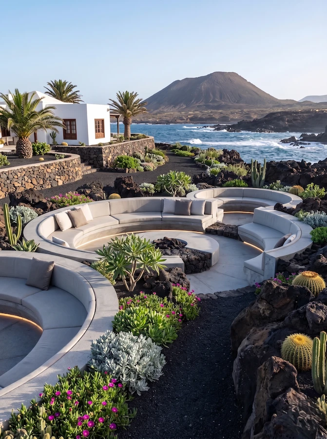 área de descanso circular demuestra una manipulación técnica del terreno para generar intimidad. El microcemento gris claro del mobiliario curvo ofrece un contraste luminoso frente a la oscuridad del picón y la piedra volcánica