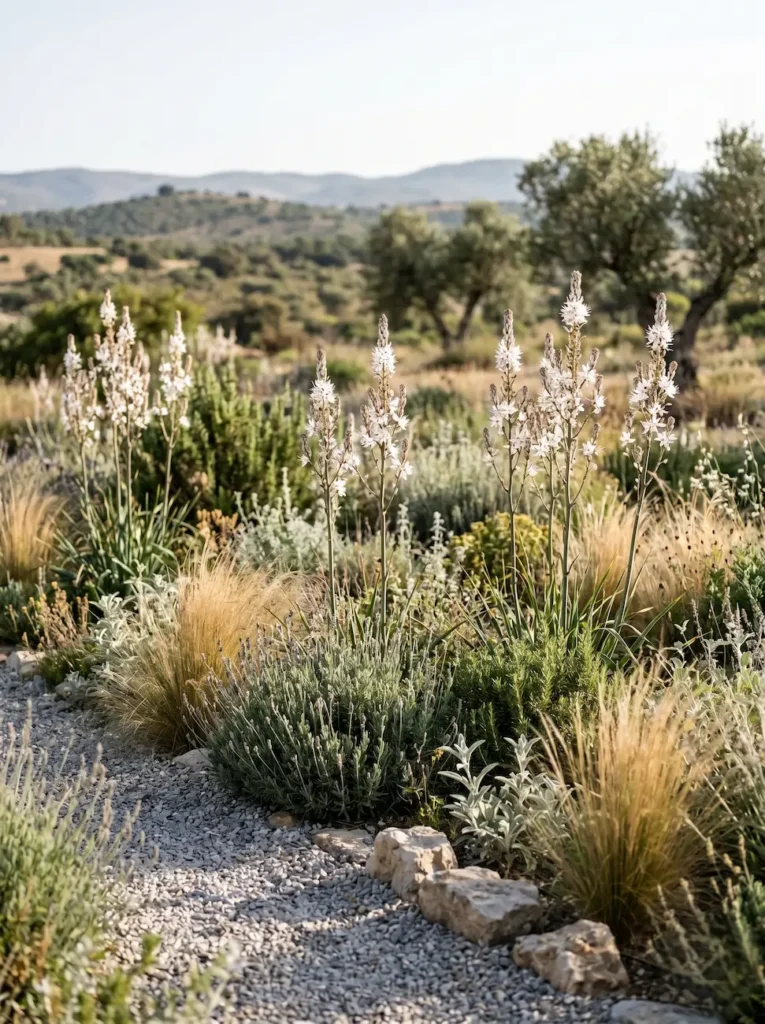 Varas florales del Asfódelo, aportando verticalidad y una estética de calidad al paisaje.