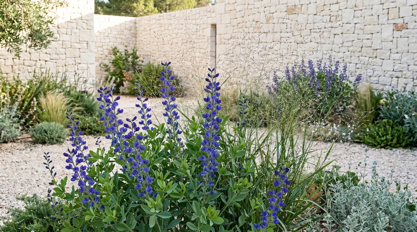 Cluster of tall purple lupine flowers with green leaves in a gravel garden beige stone wall in the background