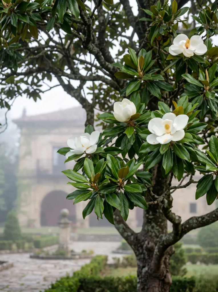 Detalle de las hojas brillantes y flores blancas de un magnolio, aportando calidad visual y olfativa al paisaje del norte.