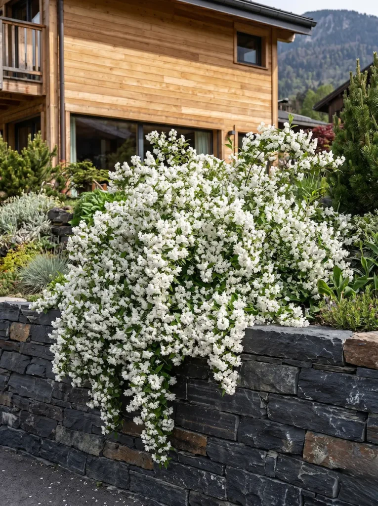 deutzia nikko sobre desnivel con muro de pizarra cuarcita
