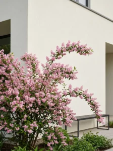 deutzia rosealine con sus ramas caedizas en cascada con flor rosa