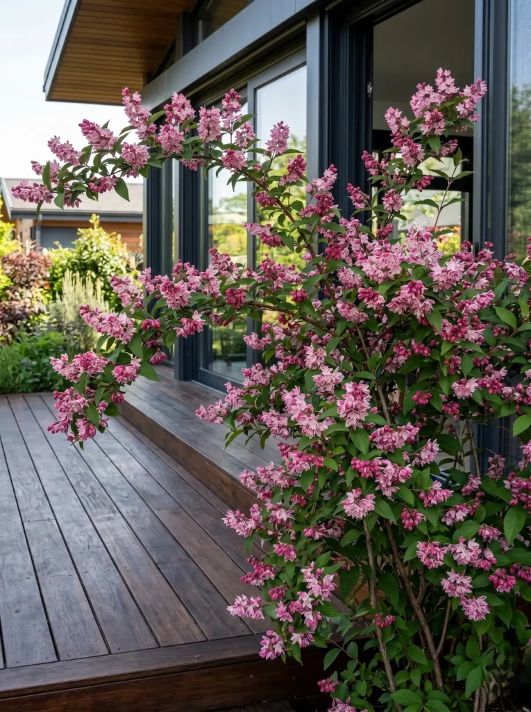 detalle en primer plano de deutzia strawberry fields entrada chalet