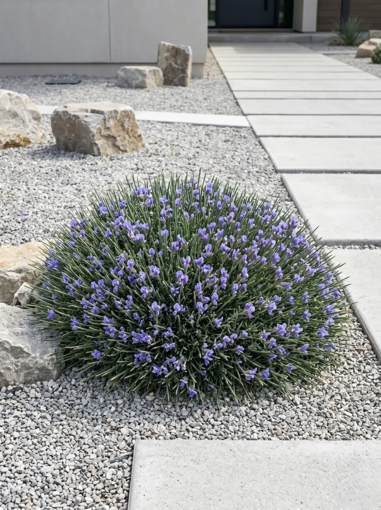 Geometría esférica del Erizón en flor, aportando estructura y un estándar profesional a la rocalla.