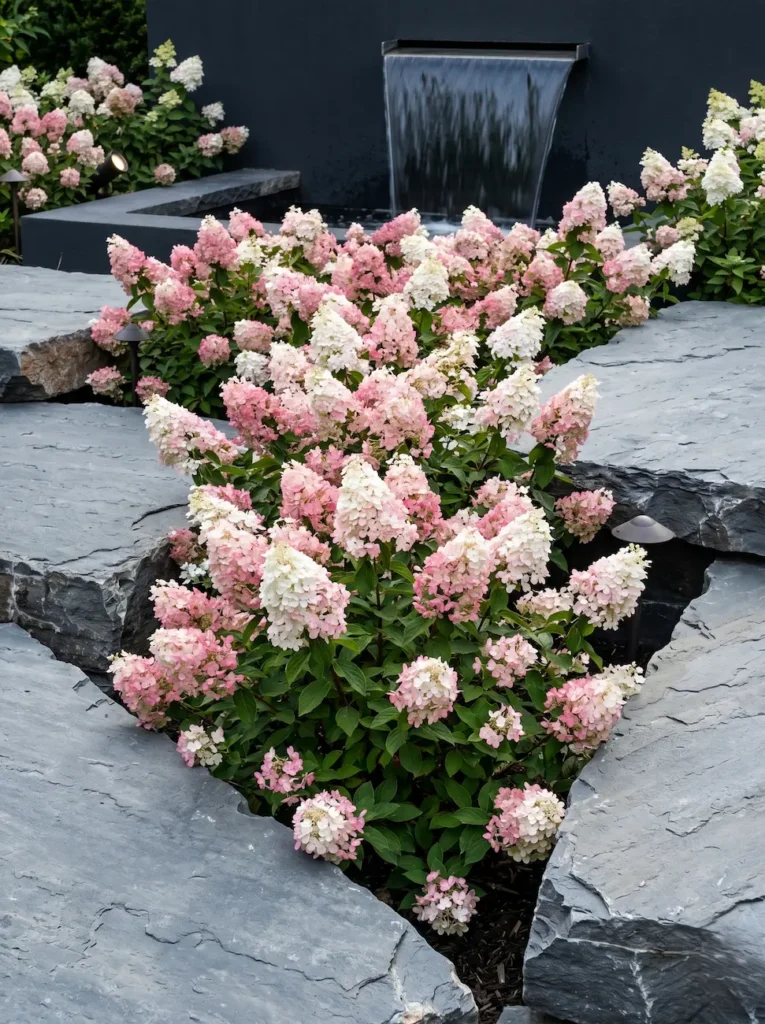 Hydrangea paniculata Groundbreaker Blush jardinesconestiloblog Hydrangea paniculata'Groundbreaker Blush' cultivada en una jardinera minimalista de madera de Ipe envejecida, con las flores cayendo sobre una terraza de granito oscuro.