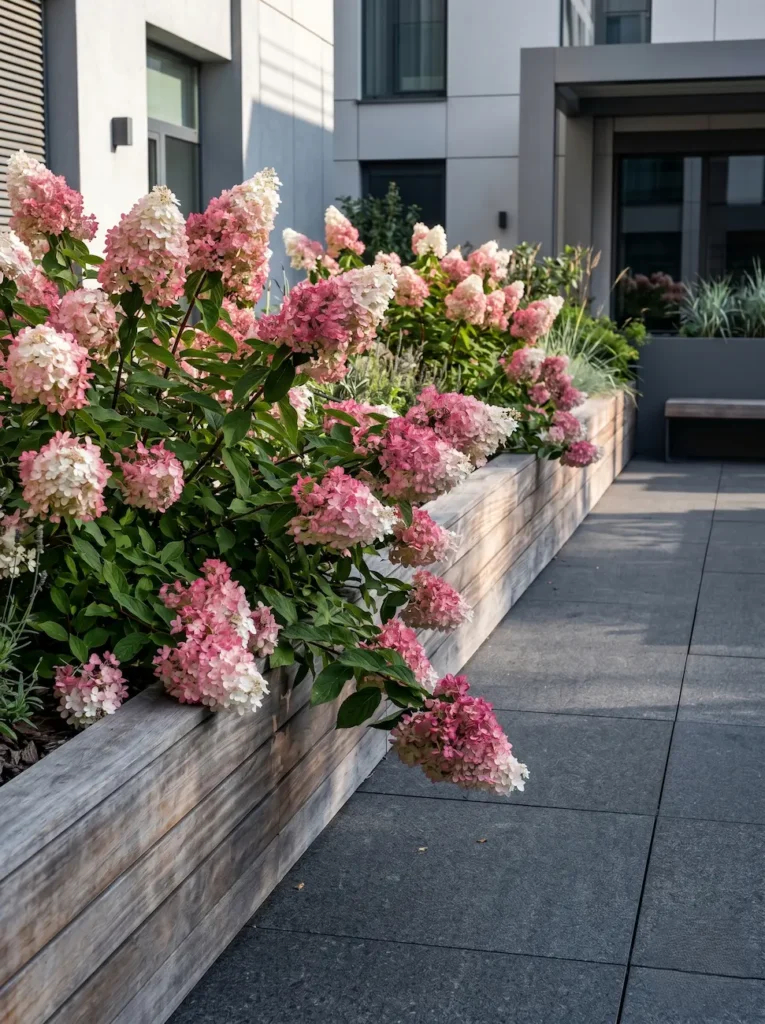 Hydrangea paniculata Groundbreaker Blush madera jardinesconestiloblog Hydrangea paniculata'Groundbreaker Blush' cultivada en una jardinera minimalista de madera de Ipe envejecida, con las flores cayendo sobre una terraza de granito oscuro.
