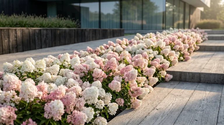 Vista panorámica de Hydrangea paniculata 'Groundbreaker Blush' creando un tapiz floral entre hormigón visto texturizado y madera quemada en un jardín contemporáneo.