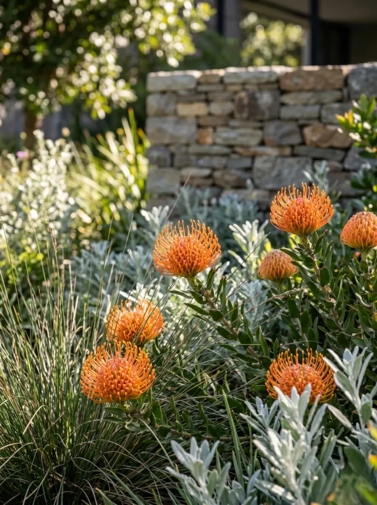 Leucospermum cordifolium alfiletero en composición paisajística