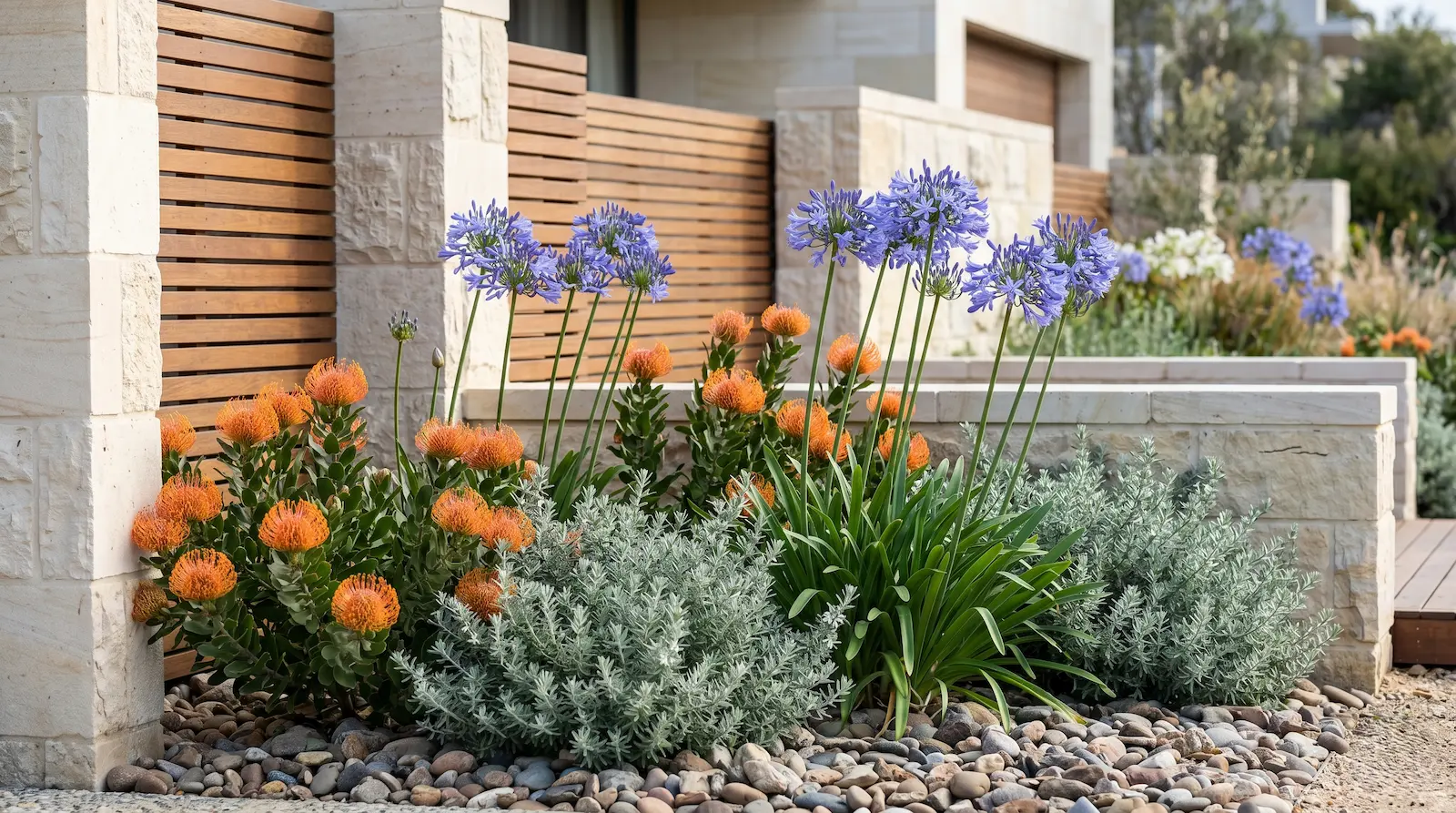 Alfiletero Leucospermum integrado en macizo con agapanthus y aromáticas