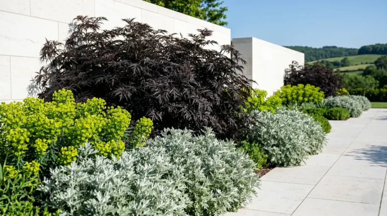 Composición jerárquica de Sambucus nigra oscuro contrastado con plantas plateadas frente a un muro de piedra natural caliza.
