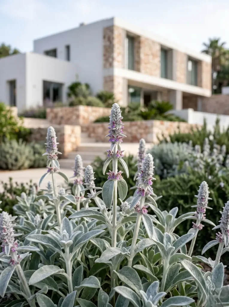 Stachys byzantina jardinesconestiloblog Detalle táctil de Stachys byzantina con sus flores púrpuras y fondo arquitectónico residencial