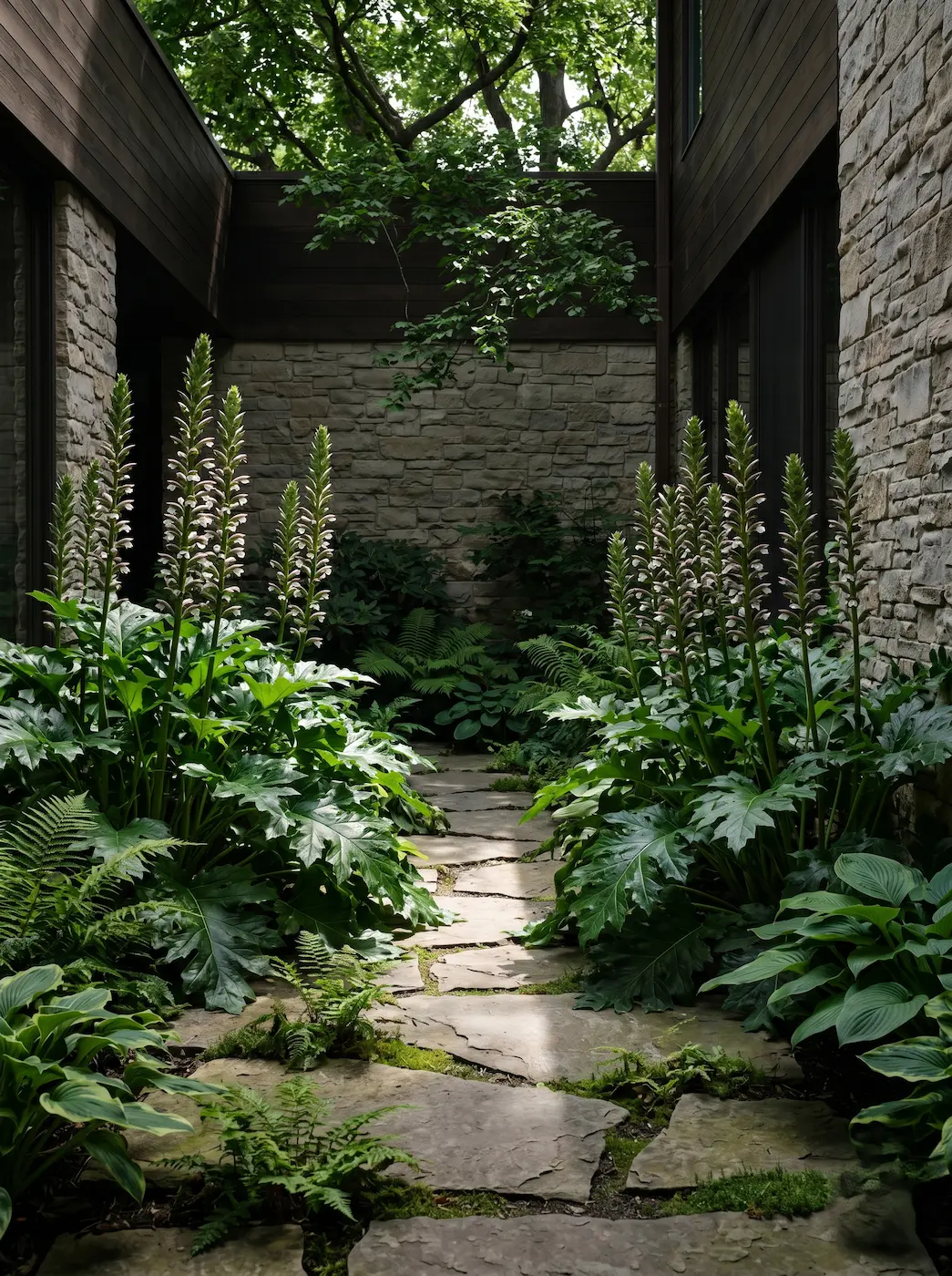Sendero de piedra natural irregular escoltado por macizos estructurales de Acanthus mollis en floración marcando el tránsito en un patio residencial umbrío