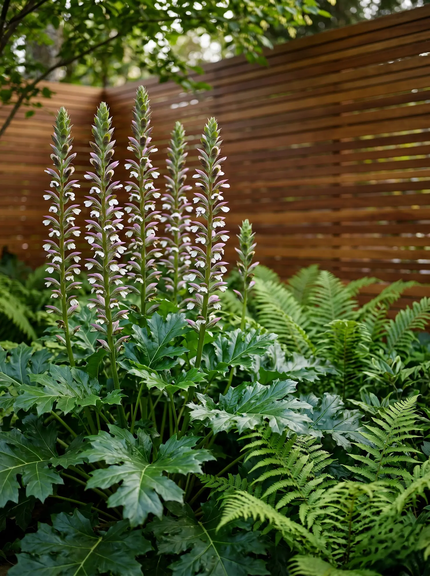 Primer plano botánico de la estructura floral y foliar del Acanthus mollis entrelazado con helechos con fondo desenfocado de lamas de madera noble