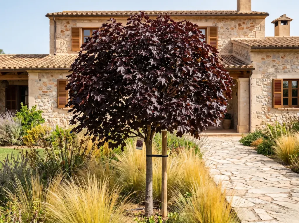 Ejemplar de Acer platanoides 'Crimson King' de madurez media, mostrando su aspecto tras la plantación con un estándar profesional.
