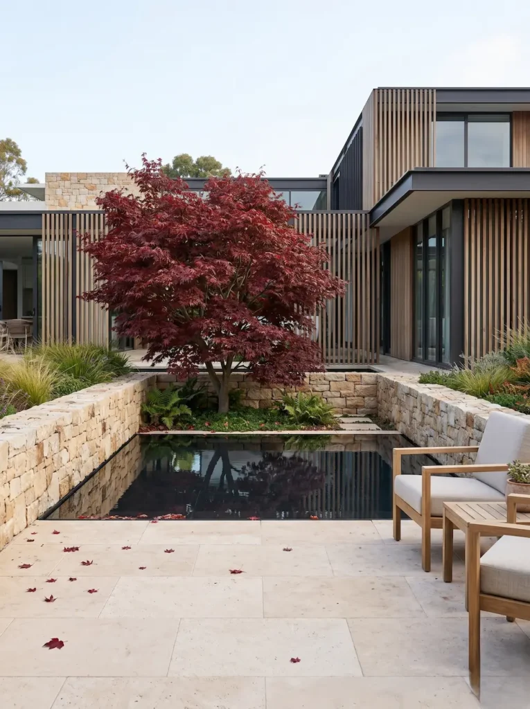 acer palmatum árboles jardinesconestiloblog acer palmatum en patio descubierto con estanque de agua