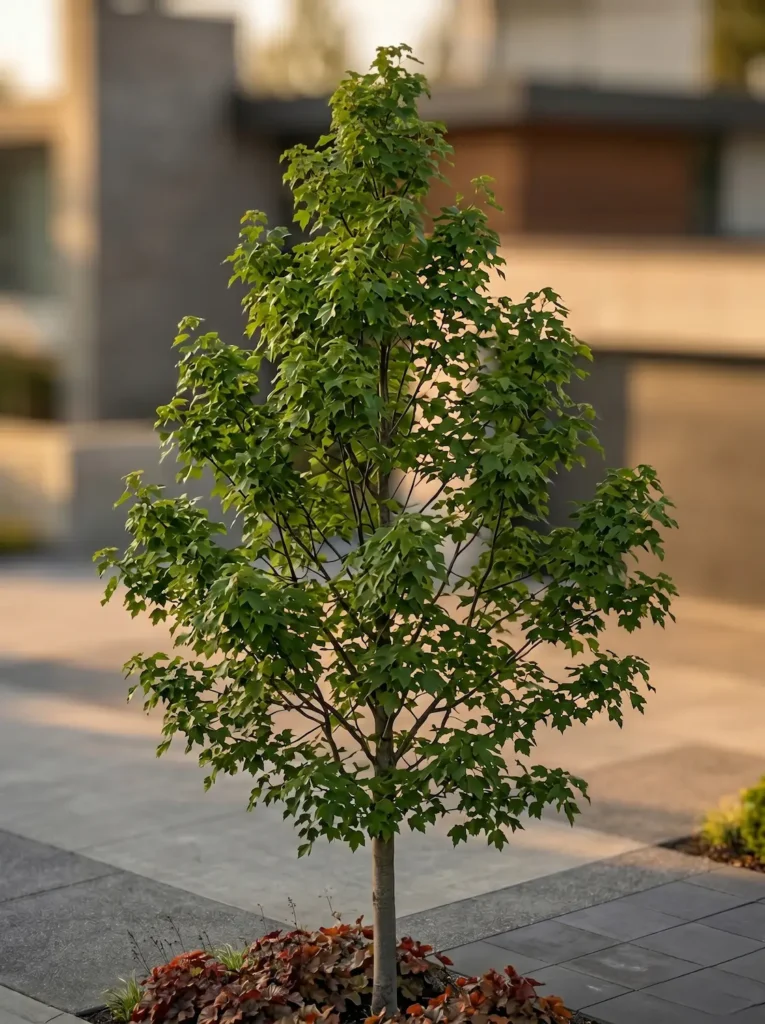 Plano medio del porte piramidal y orgánico de un Acer rubrum 'Redpointe' en su fase estival de follaje verde oscuro, mostrando una densidad absoluta sin podas topiaras, sobre un pavimento claro desenfocado.