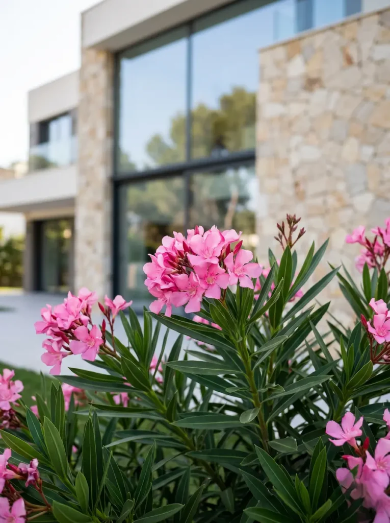 Detalle de flores rosas de Adelfa enana con fondo de terraza de piedra contemporánea