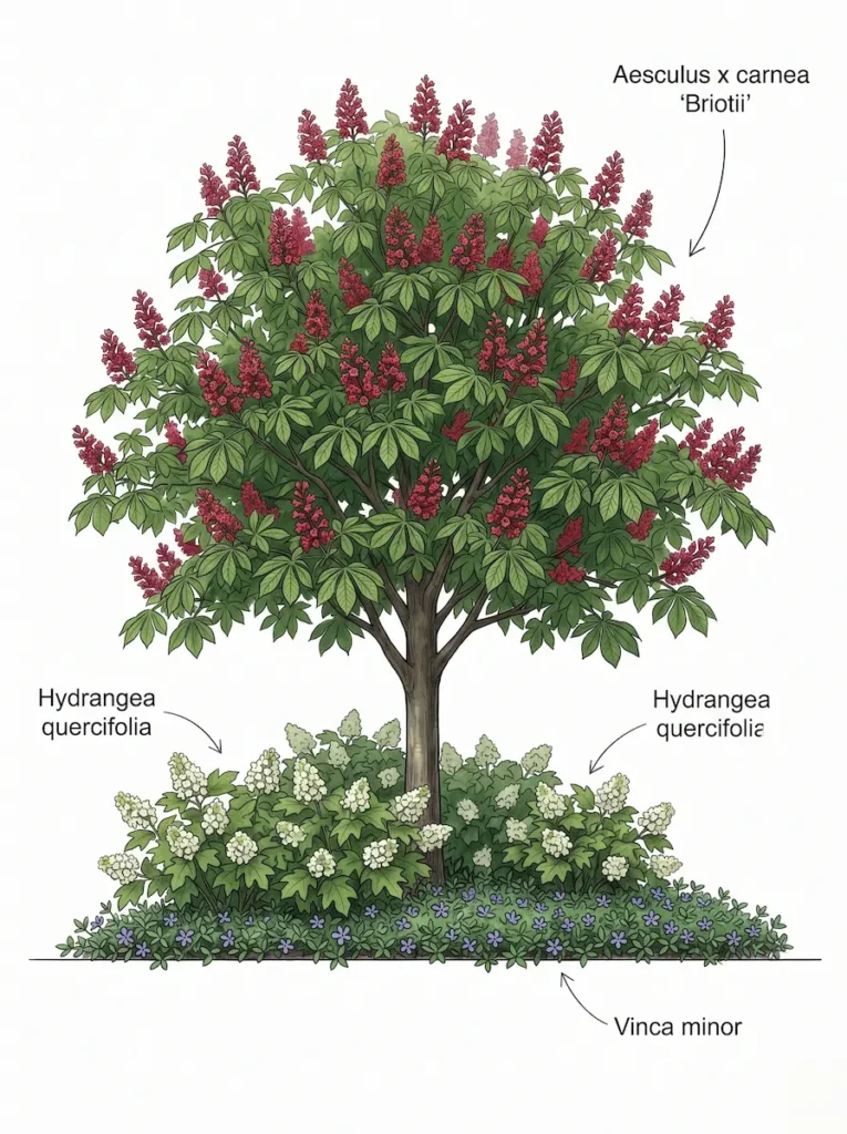 Infografía botánica a color mostrando la integración paisajística del Aesculus x carnea 'Briotii' junto a especies de sotobosque de diseño cuidado.