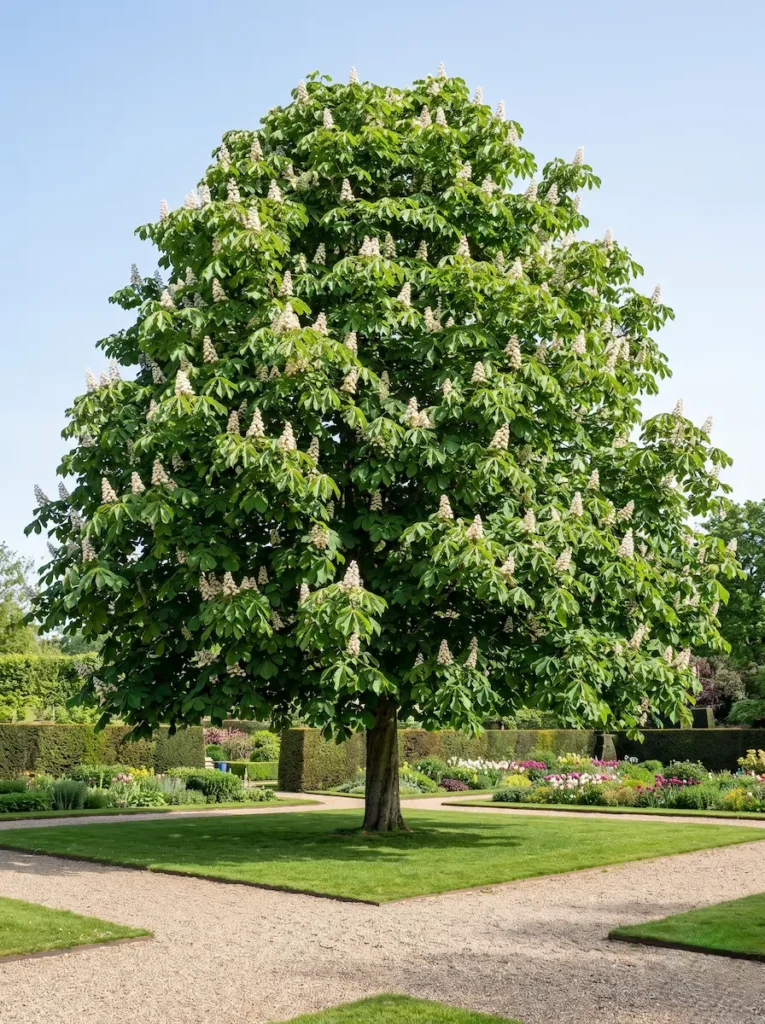 Ejemplar majestuoso de Castaño de Indias (Aesculus hippocastanum) en floración, aportando una sombra de calidad y un diseño cuidado.