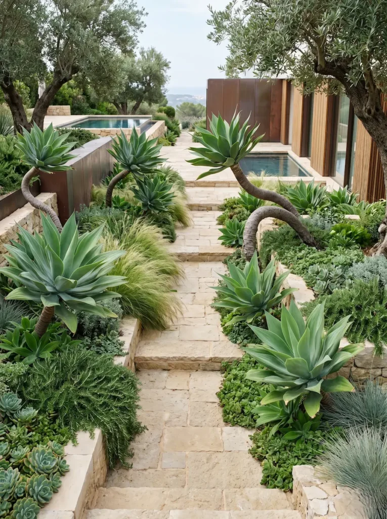 Sendero escalonado de piedra clara escoltado por ejemplares maduros de Agave attenuata con sus troncos curvados característicos aportando volumen a un patio contemporáneo