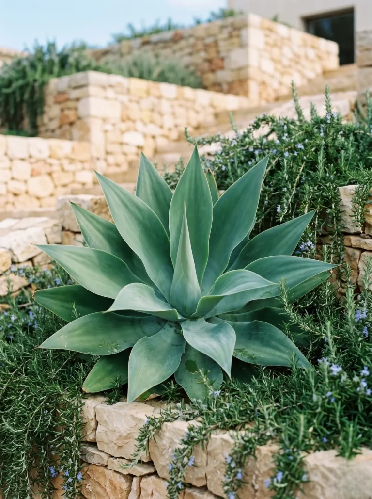 Primer plano botánico de las hojas suaves y carnosas del Agave attenuata entrelazadas con las texturas finas del Rosmarinus prostratus bajo luz natural nítida