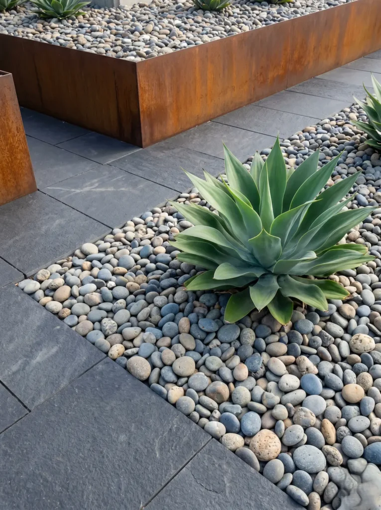 Diseño contemporáneo con cantos rodados y Agave attenuata contrastando con jardineras de acero corten y pavimento de basalto