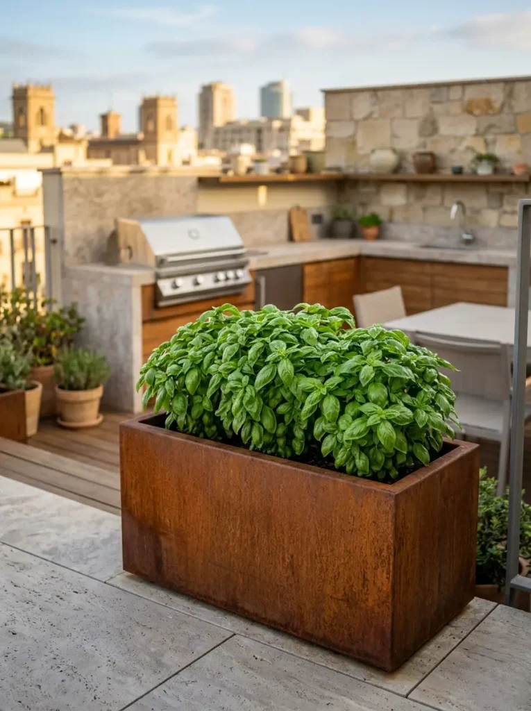 Maceteros contemporáneos de acero corten albergando plantas de albahaca estructuralmente perfectas en un ático urbano.