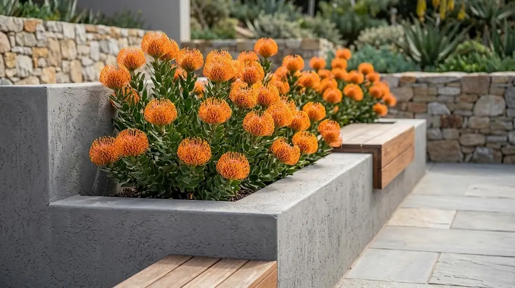 alfiletero en jardinera de hormigón en plena floración