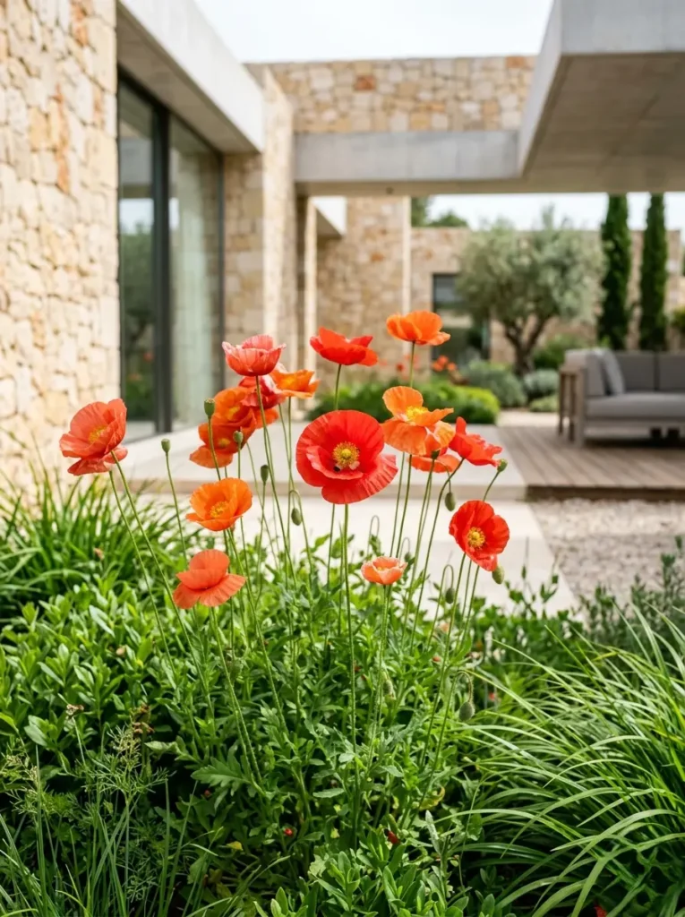 Vista de amapolas en floración aportando verticalidad y dinamismo frente a los muros limpios de un patio residencial de diseño cuidado.