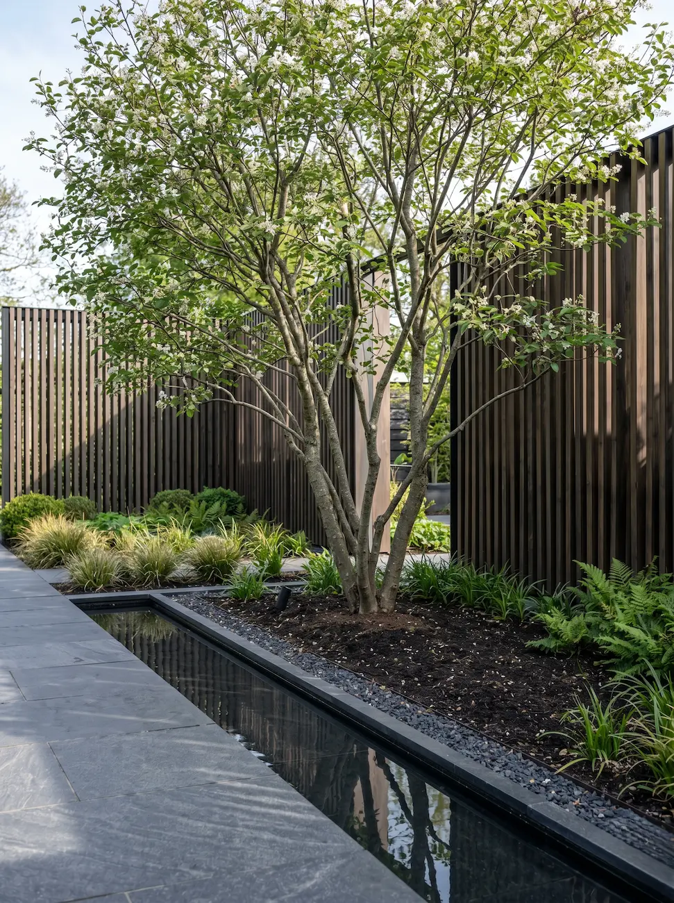 amelanchier como elemento focal en macizo con herbaceas junto a acequia en jardín moderno