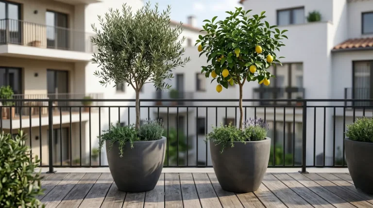 Plano medio de la copa frondosa de un pequeño árbol frutal en maceta, destacando el equilibrio entre el follaje y las plantas tapizantes que lo acompañan en la base.