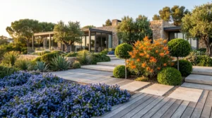 Composición profesional de Grevillea Myrtus y Ceanothus en un jardín contemporáneo de piedra natural caliza dry stack y madera envejecida