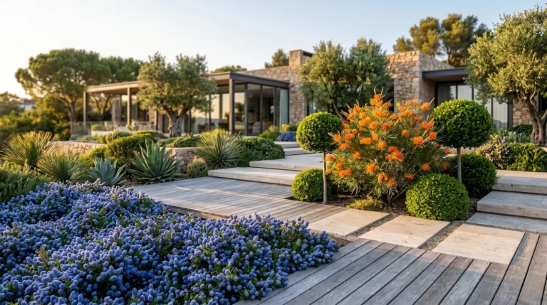 Composición profesional de Grevillea Myrtus y Ceanothus en un jardín contemporáneo de piedra natural caliza dry stack y madera envejecida