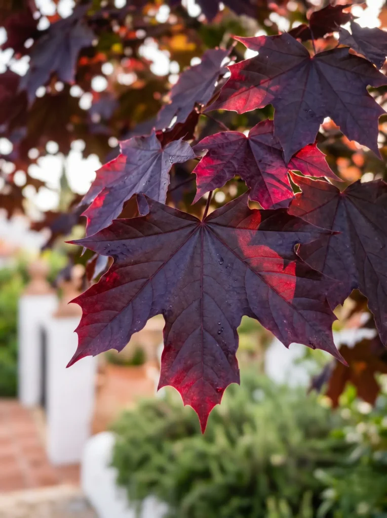 Detalle de la hoja palmeada del Acer platanoides 'Crimson King', un estándar profesional de vigor botánico.