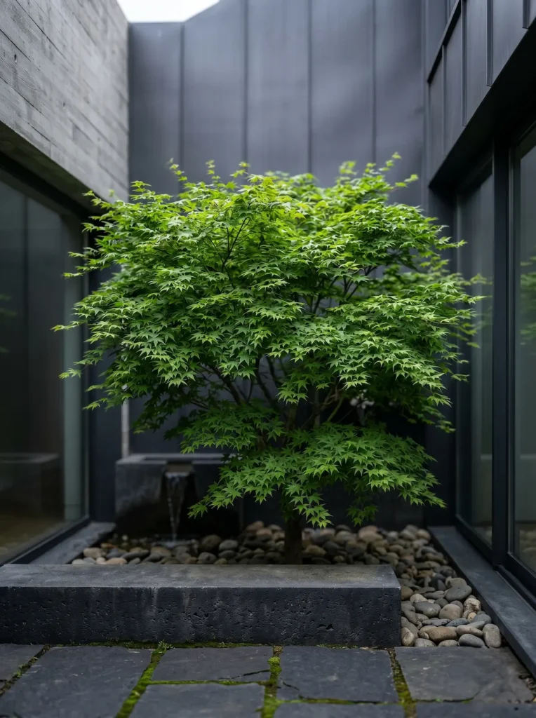 Detalle en plano medio de una composición vegetal densa que actúa como refugio climático, mostrando el follaje de un Arce japonés (Acer palmatum) sobre un fondo difuminado.