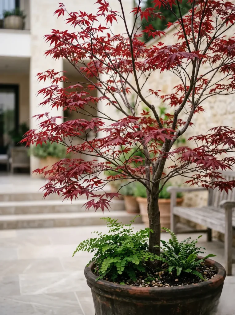 Primer plano de las finas hojas rojizas de un arce japonés, iluminando un rincón de sombra en un patio interior español de diseño cuidado.