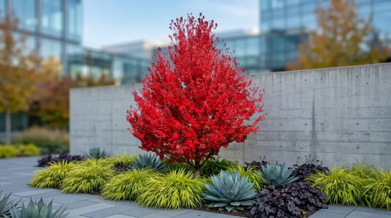 Plano medio panorámico de un jardín contemporáneo donde la volumetría imponente y el denso follaje rojo otoñal de un Acer rubrum 'Redpointe' vivo contrastan frente a una fachada de hormigón desenfocada.