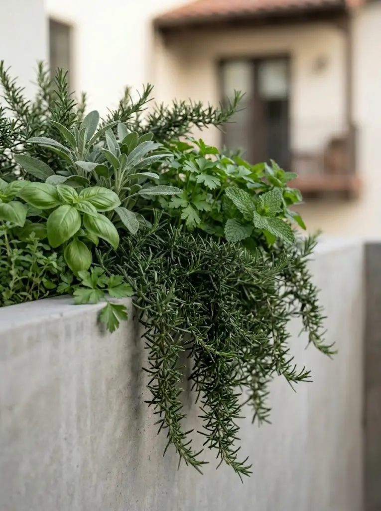 Follaje denso y verde oscuro de una planta de romero cayendo sobre el borde de un macetero contemporáneo, funcionando como barrera aromática.