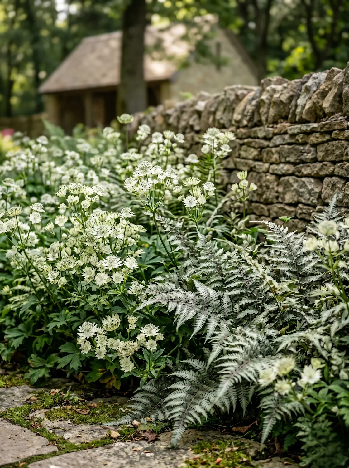 Textura botánica de Astrantia major rubí y helechos Athyrium niponicum contrastando contra un muro de piedra seca