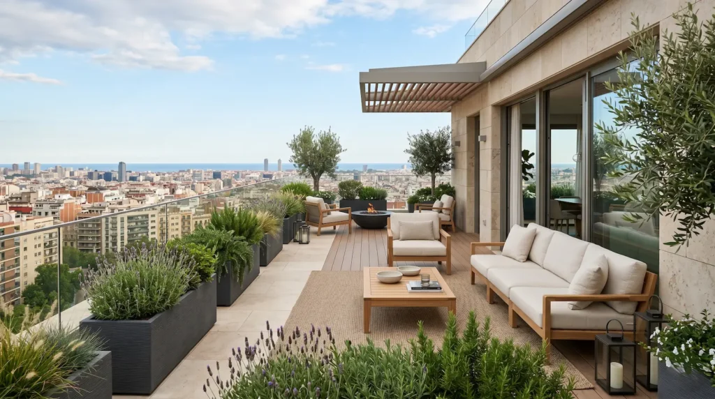 Perspectiva de una terraza contemporánea demostrando cómo diseñar terrazas en áticos con encanto, utilizando maceteros ligeros y una integración paisajística perfecta.