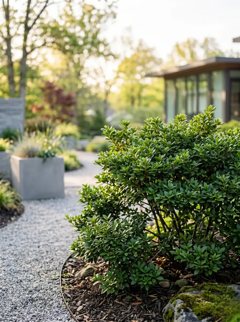 Plano medio de la volumetría orgánica y estratificada de una Azalea japonica fuera de su época de floración evidenciando un porte natural de diseño cuidado y un fondo difuminado de pavimento claro