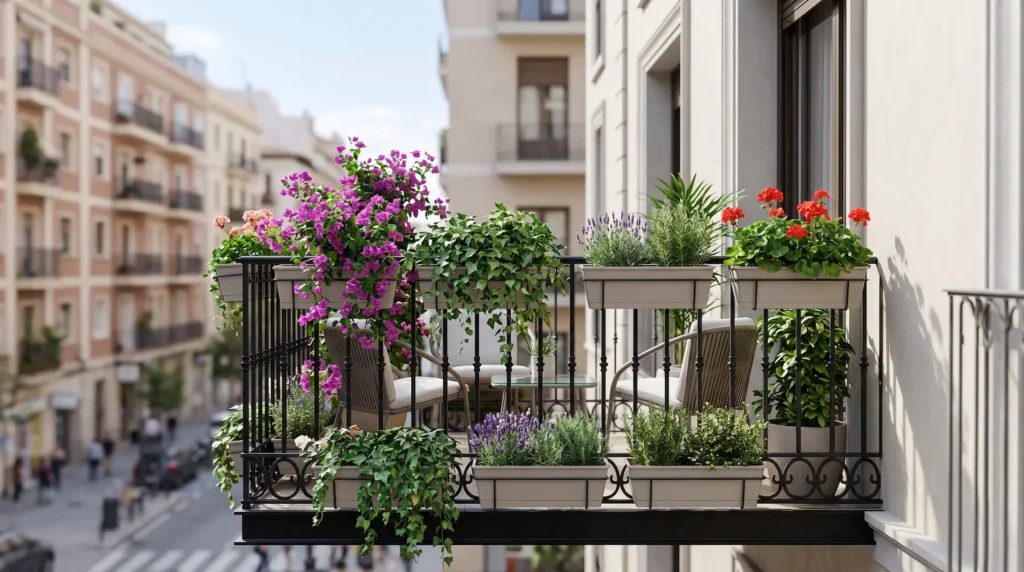 Perspectiva de un balcón urbano español con barandilla de forja y plantas colgantes, ilustrando la diferencia entre balcón y terraza mediante un diseño cuidado.