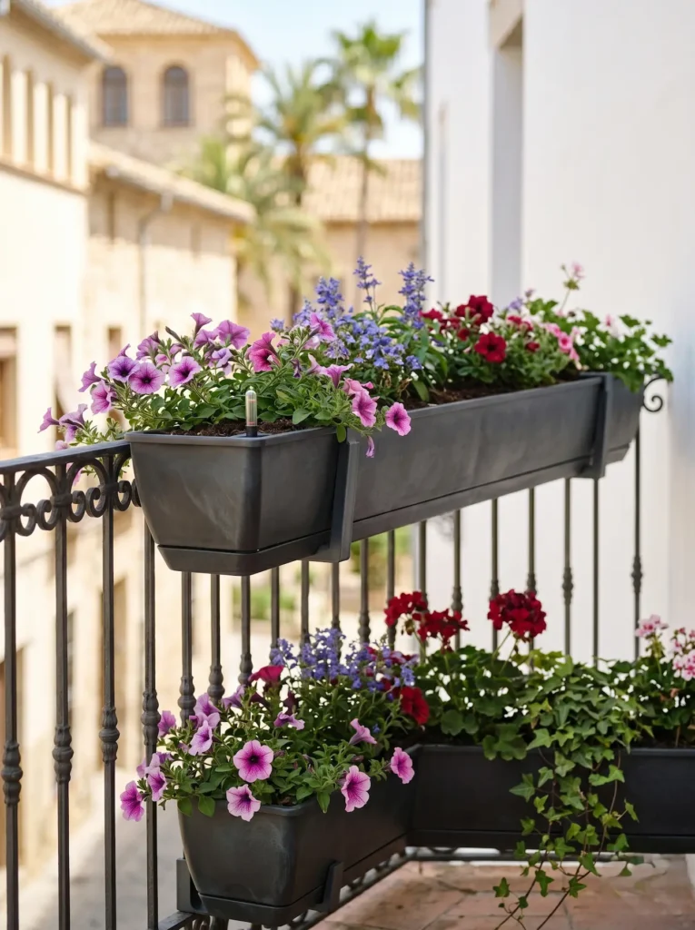 Jardineras de resina ligera ancladas a la barandilla, albergando flores vibrantes sin sobrecargar la estructura volada.