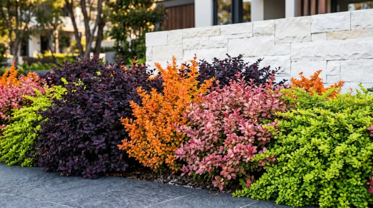 Plano medio artísticamente compuesto mostrando el contraste de follaje de Berberis thunbergii Atropurpurea Orange Sunrise Rose Glow y Green Carpet en un jardín de piedra natural y granito