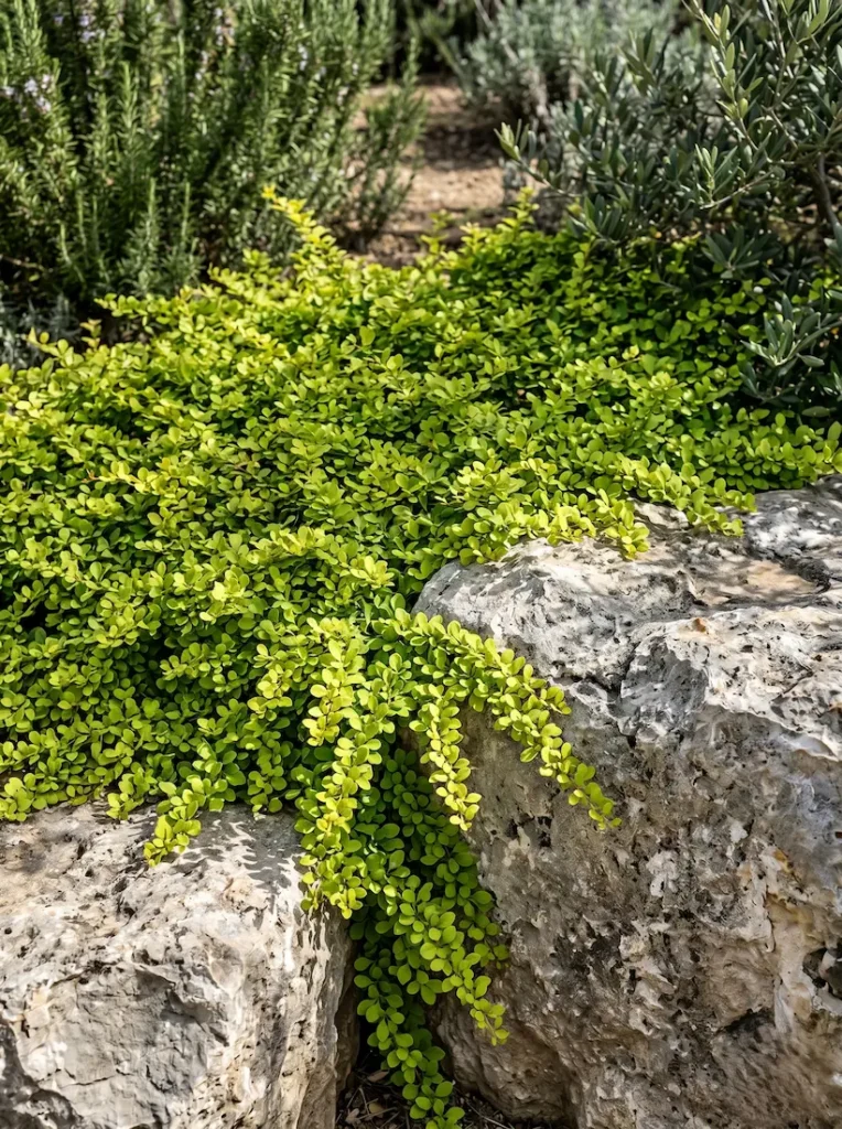 Berberis thunbergii'Green Carpet' de follaje verde lima desbordando sobre bloques de piedra caliza natural.