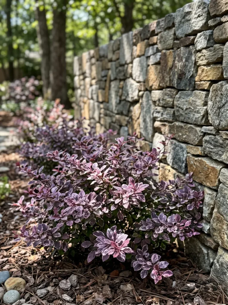 Berberis thunbergii'Harlequin' de follaje jaspeado rosa y púrpura frente a un muro de piedra natural rugosa.