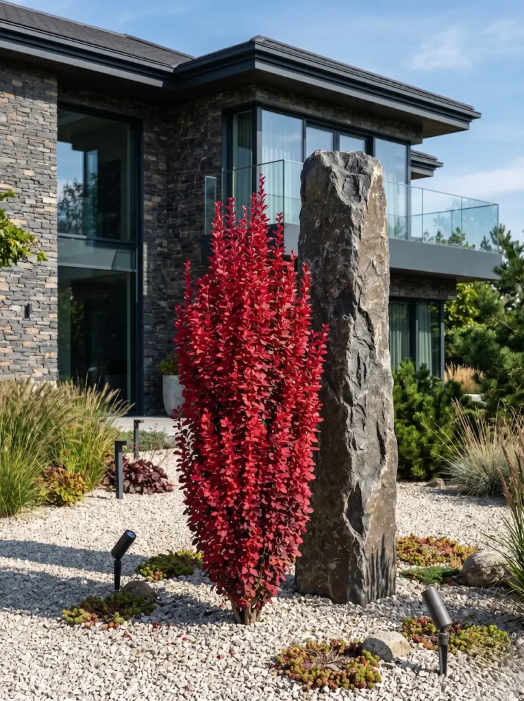 Berberis thunbergii'Red Rocket' de porte columnar rojo junto a un monolito de granito en un jardín de vanguardia.